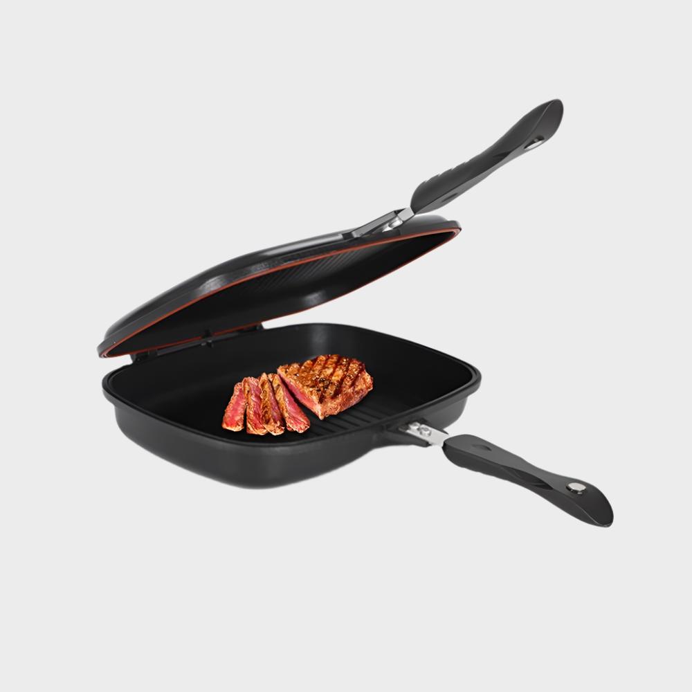 Double-sided Frying Pan, 32cm Grill Pan, Double Side Pressure Cooking Grill Pan, Portable Grill Pot, Anti‑Burn Handle.